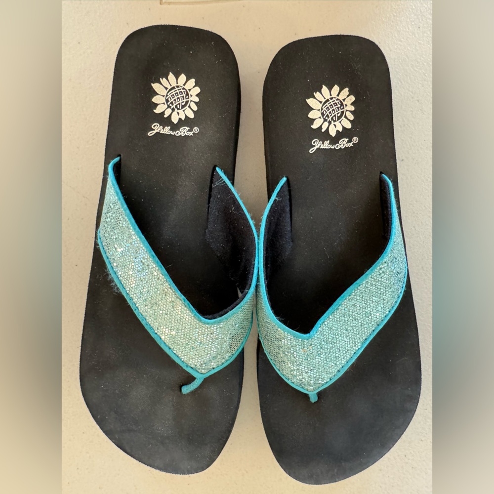Yellow Box Black and Aqua Sandals with Thong Design